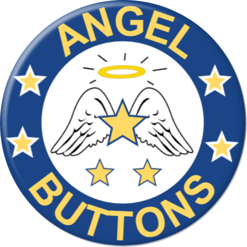 Angel Buttons logos image is round with a blue outline ring surrounding Angel's wings and gold stars